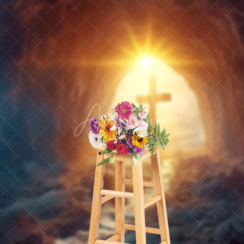 Aperturee - Aperturee Rugged Cave Sunrise Scene Cross Easter Backdrop