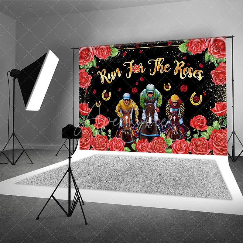Aperturee - Aperturee Run For The Roses Backdrop Horse Racing Jockeys and Red Floral Border Background Kentucky Derby Day Party Decorations