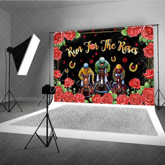 Aperturee - Aperturee Run For The Roses Backdrop Horse Racing Jockeys and Red Floral Border Background Kentucky Derby Day Party Decorations