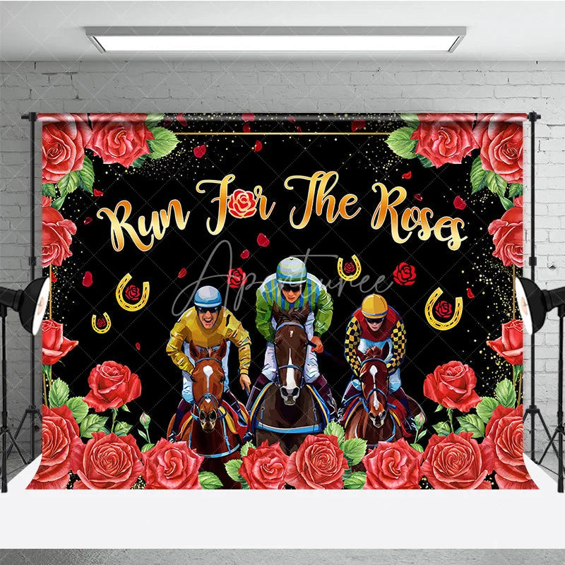 Aperturee - Aperturee Run For The Roses Backdrop Horse Racing Jockeys and Red Floral Border Background Kentucky Derby Day Party Decorations