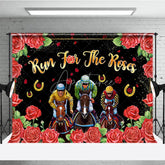 Aperturee - Aperturee Run For The Roses Backdrop Horse Racing Jockeys and Red Floral Border Background Kentucky Derby Day Party Decorations