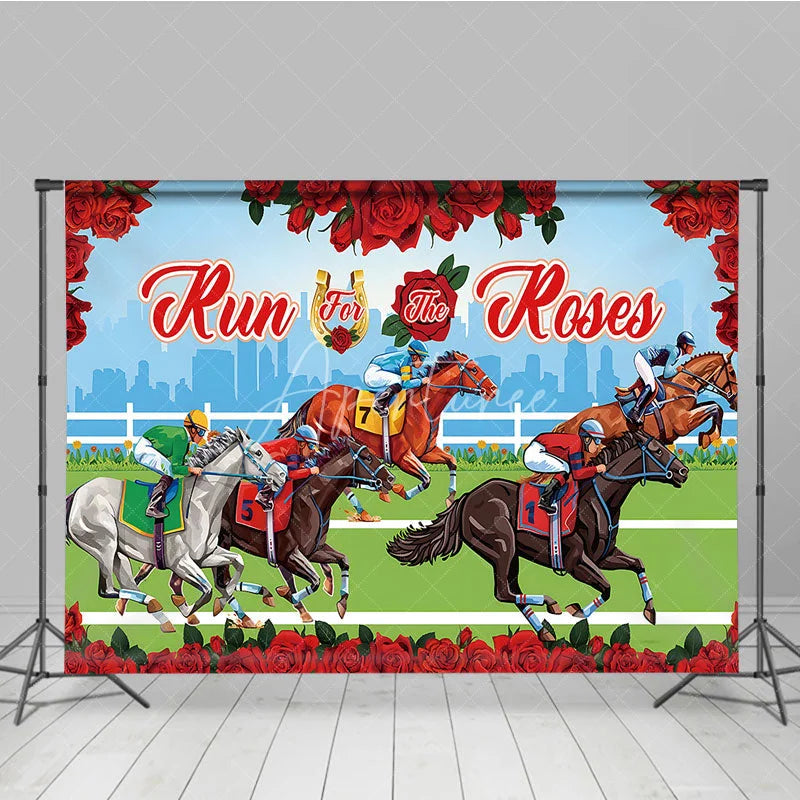 Aperturee - Aperturee Run for the Roses Kentucky Derby Backdrop Horse Racing Track and City Skyline Party Background