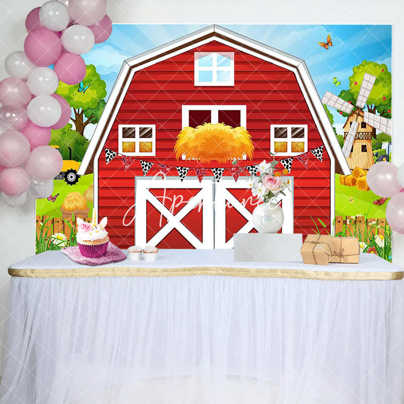 Aperturee - Aperturee Rural Red Barn Door Farm Happy Birthday Backdrop