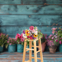 Aperturee - Aperturee Rural Retro Teal Wooden Wall Potted Plant Backdrop