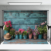 Aperturee - Aperturee Rural Retro Teal Wooden Wall Potted Plant Backdrop