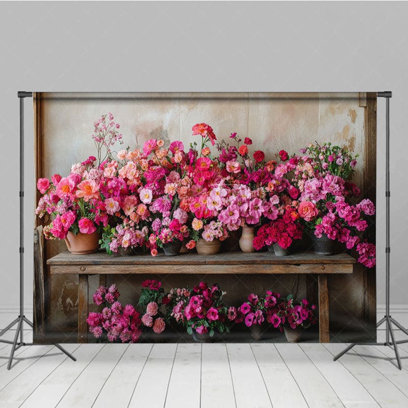 Aperturee - Aperturee Rural Wall Bright Pink Flower Pots Photo Backdrop