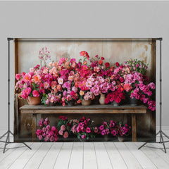 Aperturee - Aperturee Rural Wall Bright Pink Flower Pots Photo Backdrop