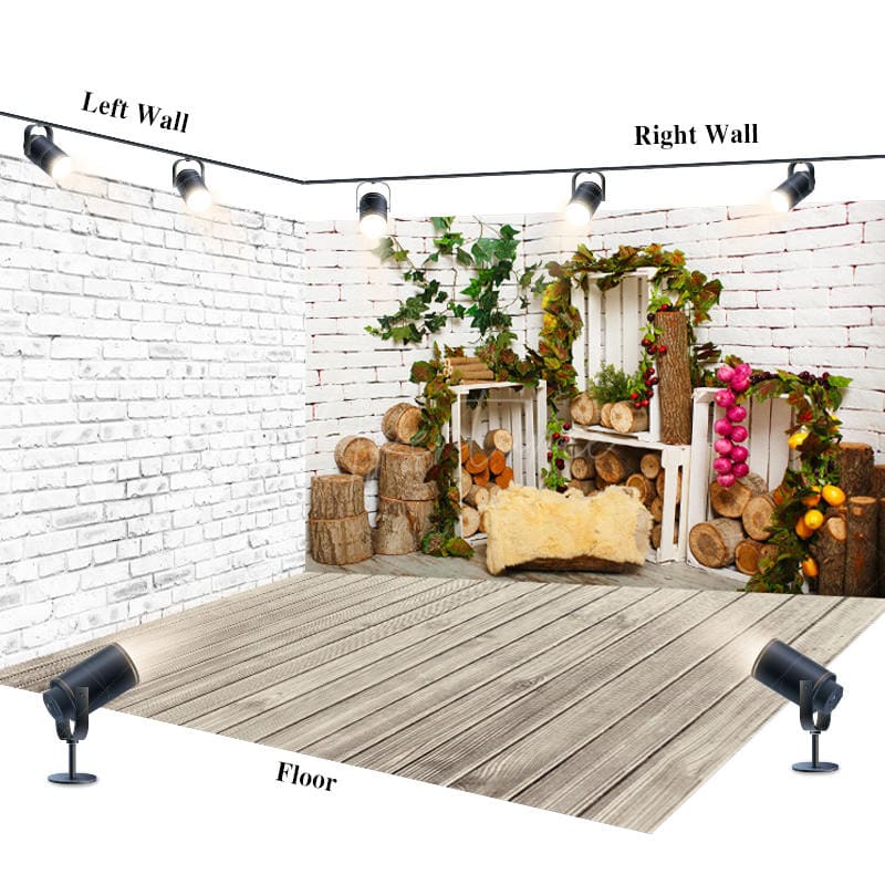 Aperturee - Aperturee Rural White Brick Wall Wooden Stake Room Set Backdrop