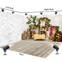 Aperturee - Aperturee Rural White Brick Wall Wooden Stake Room Set Backdrop
