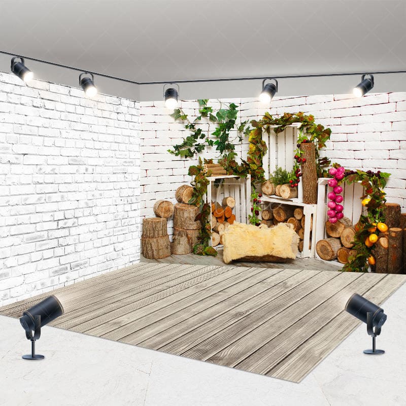 Aperturee - Aperturee Rural White Brick Wall Wooden Stake Room Set Backdrop