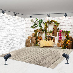 Aperturee - Aperturee Rural White Brick Wall Wooden Stake Room Set Backdrop
