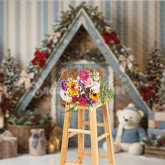 Aperturee - Aperturee Rustic A-Frame Cabin Holiday Backdrop with Snowy Christmas Trees Nutcracker Teddy Bear and Gifts