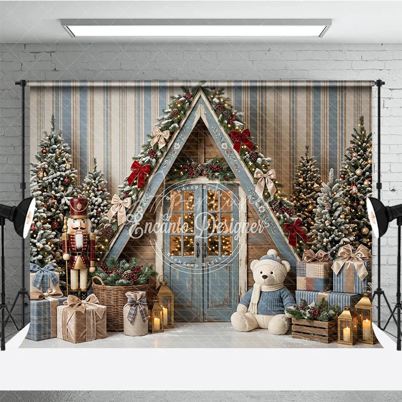 Aperturee - Aperturee Rustic A-Frame Cabin Holiday Backdrop with Snowy Christmas Trees Nutcracker Teddy Bear and Gifts