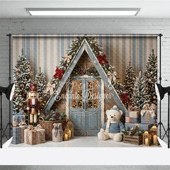 Aperturee - Aperturee Rustic A-Frame Cabin Holiday Backdrop with Snowy Christmas Trees Nutcracker Teddy Bear and Gifts