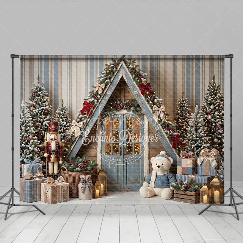 Aperturee - Aperturee Rustic A-Frame Cabin Holiday Backdrop with Snowy Christmas Trees Nutcracker Teddy Bear and Gifts