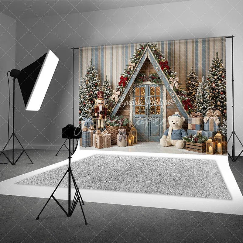 Aperturee - Aperturee Rustic A-Frame Cabin Holiday Backdrop with Snowy Christmas Trees Nutcracker Teddy Bear and Gifts