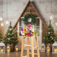 Aperturee - Aperturee Rustic A-Frame Door Christmas Photography Backdrop Farmhouse Scene with Trees and Lanterns Scandinavian Holiday