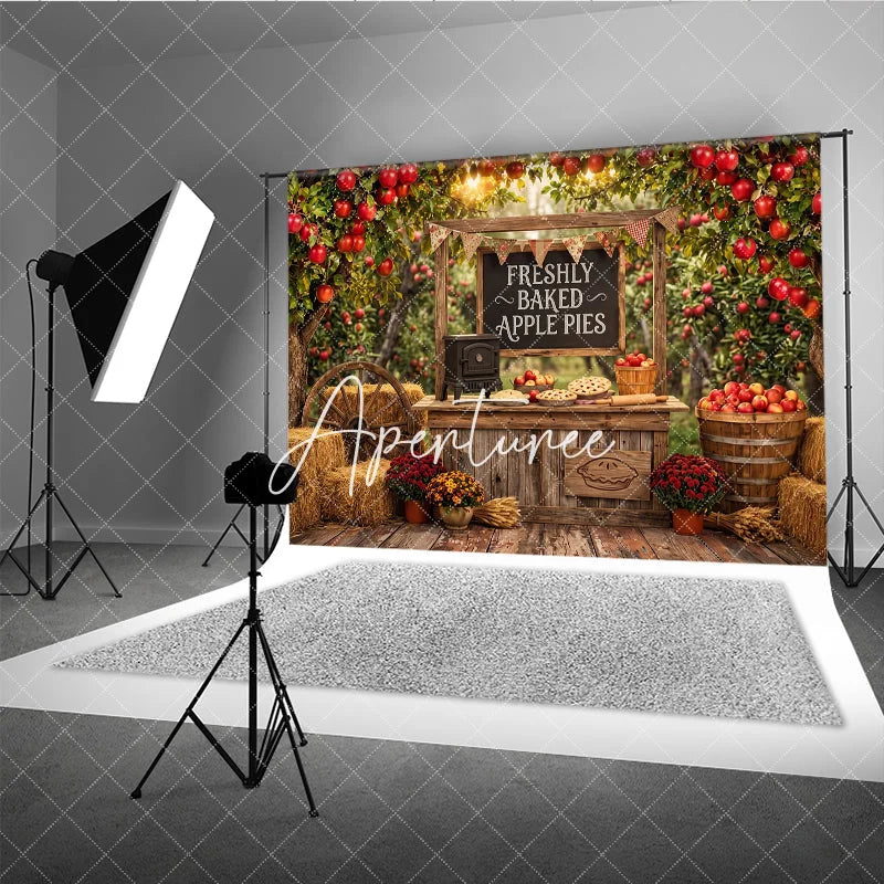 Aperturee - Aperturee Rustic Apple Orchard Photography Backdrop with Freshly Baked Apple Pies Autumn Harvest Farm Stand Decor