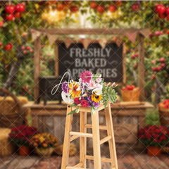 Aperturee - Aperturee Rustic Apple Orchard Photography Backdrop with Freshly Baked Apple Pies Autumn Harvest Farm Stand Decor