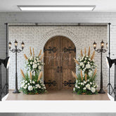 Aperturee Aperturee Rustic Arched Door Photography Backdrop White Brick Wall and Vintage Lanterns Boho Wedding Ceremony Photo Prop