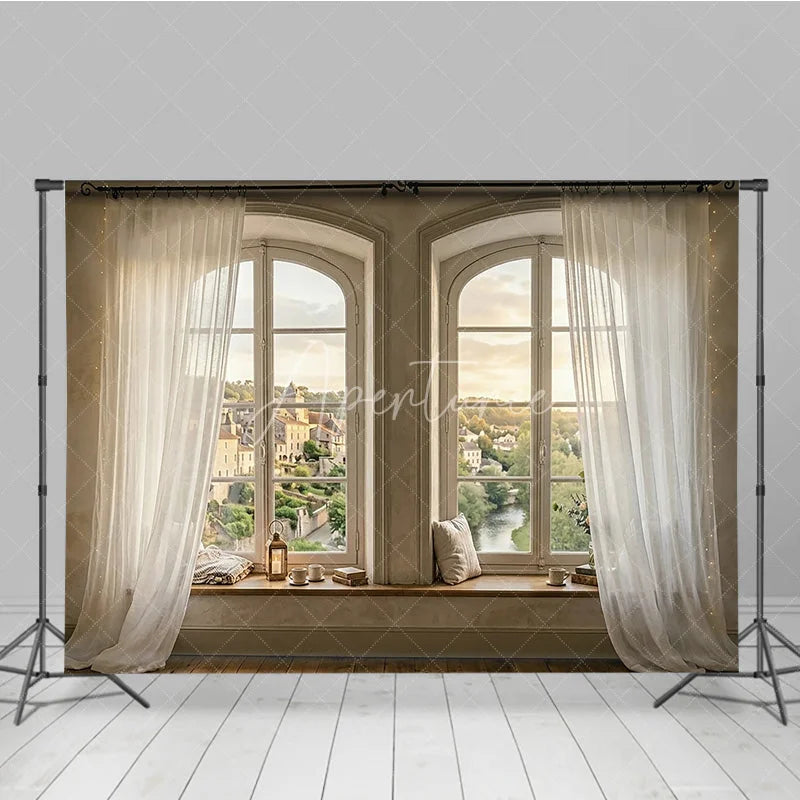 Aperturee - Aperturee Rustic Arched Window Photography Backdrop with Sheer Curtains Idyllic European Village View and Cozy Window Seat