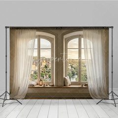 Aperturee - Aperturee Rustic Arched Window Photography Backdrop with Sheer Curtains Idyllic European Village View and Cozy Window Seat