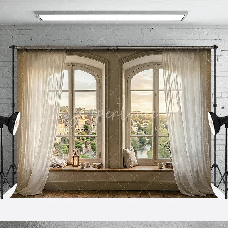 Aperturee - Aperturee Rustic Arched Window Photography Backdrop with Sheer Curtains Idyllic European Village View and Cozy Window Seat
