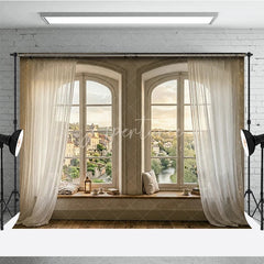 Aperturee - Aperturee Rustic Arched Window Photography Backdrop with Sheer Curtains Idyllic European Village View and Cozy Window Seat