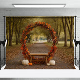 Aperturee - Aperturee Rustic Autumn Arch Photography Backdrop Fall Leaf Wreath with Bench and Pumpkins Thanksgiving Photo Background