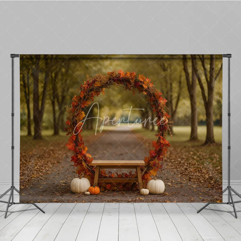 Aperturee - Aperturee Rustic Autumn Arch Photography Backdrop Fall Leaf Wreath with Bench and Pumpkins Thanksgiving Photo Background