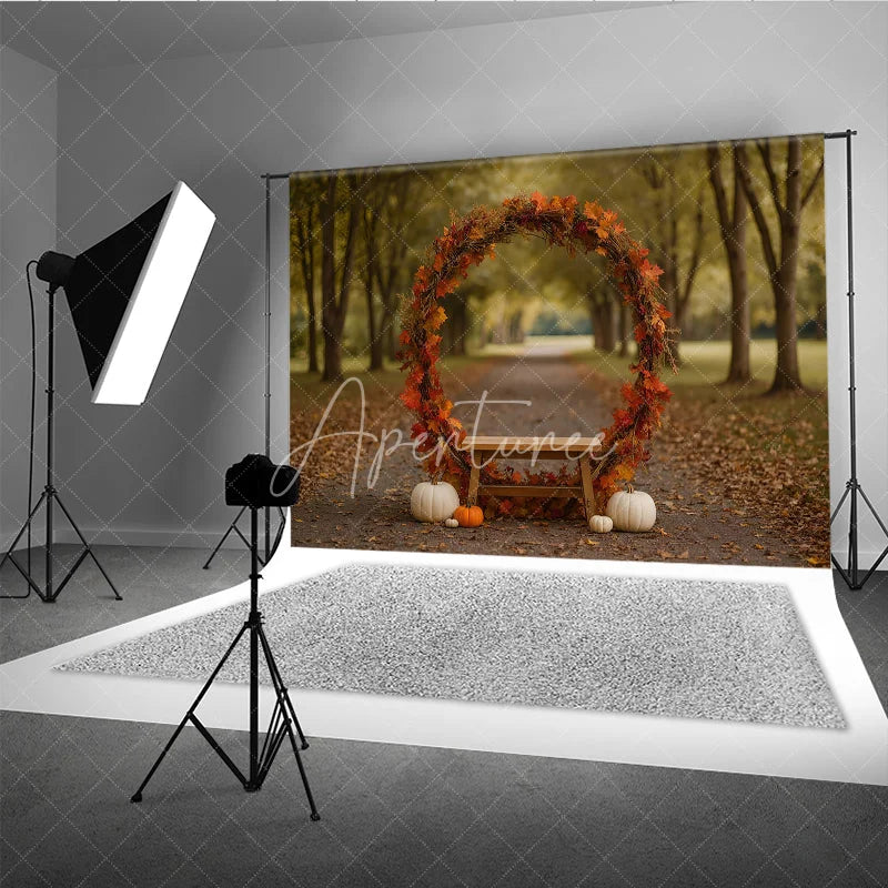 Aperturee - Aperturee Rustic Autumn Arch Photography Backdrop Fall Leaf Wreath with Bench and Pumpkins Thanksgiving Photo Background