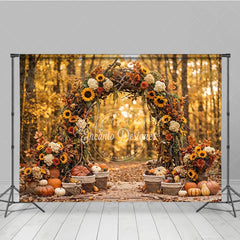 Aperturee - Aperturee Rustic Autumn Arch Photography Backdrop with Sunflowers Pumpkins and Golden Forest Leaves for Fall Photoshoot