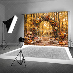 Aperturee - Aperturee Rustic Autumn Arch Photography Backdrop with Sunflowers Pumpkins and Golden Forest Leaves for Fall Photoshoot