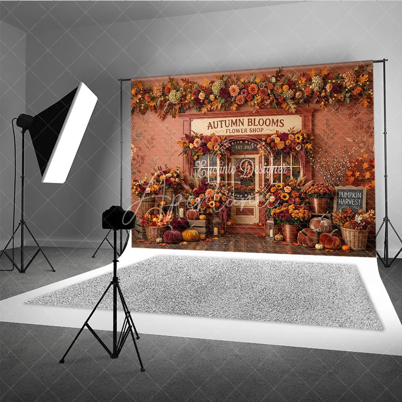 Aperturee - Aperturee Rustic Autumn Blooms Flower Shop Photography Backdrop with Vibrant Fall Leaves and Pumpkins Seasonal Decor