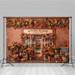 Aperturee - Aperturee Rustic Autumn Blooms Flower Shop Photography Backdrop with Vibrant Fall Leaves and Pumpkins Seasonal Decor