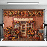 Aperturee - Aperturee Rustic Autumn Blooms Flower Shop Photography Backdrop with Vibrant Fall Leaves and Pumpkins Seasonal Decor