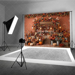 Aperturee - Aperturee Rustic Autumn Blossom Photography Backdrop with Vibrant Fall Flowers Pumpkins and Cozy String Lights