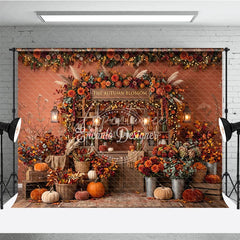 Aperturee - Aperturee Rustic Autumn Blossom Photography Backdrop with Vibrant Fall Flowers Pumpkins and Cozy String Lights