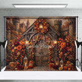 Aperturee - Aperturee Rustic Autumn Castle Door Photography Backdrop Enchanting Fall Leaves and Floral Decor with Pumpkins