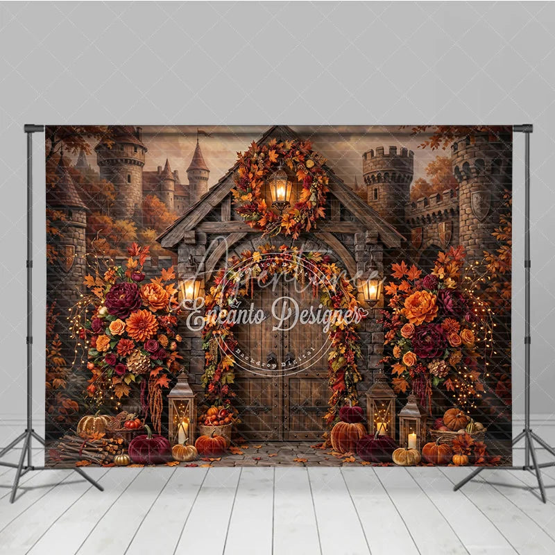 Aperturee - Aperturee Rustic Autumn Castle Door Photography Backdrop Enchanting Fall Leaves and Floral Decor with Pumpkins