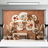 Aperturee - Aperturee Rustic Autumn Embroidery Hoop Photography Backdrop with Plaid Bows Fall Leaves and Hydrangeas Harvest Decor