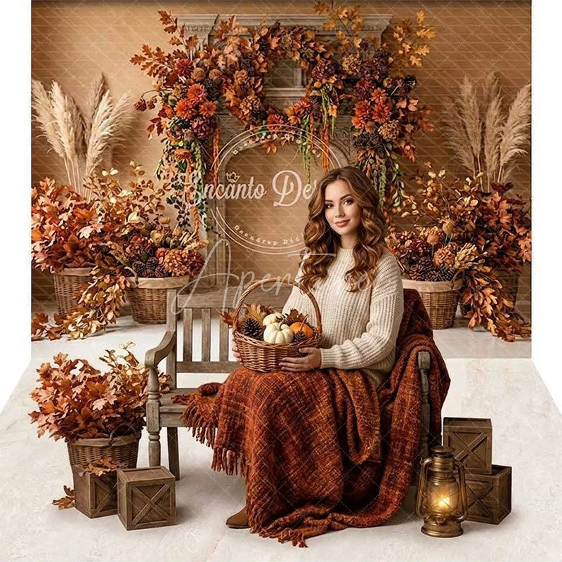 Aperturee - Aperturee Rustic Autumn Fall Fireplace Foliage Combo Set Backdrop with Pampas Grass and Cozy Harvest Decor