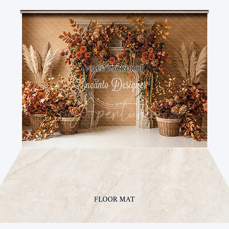 Aperturee - Aperturee Rustic Autumn Fall Fireplace Foliage Combo Set Backdrop with Pampas Grass and Cozy Harvest Decor