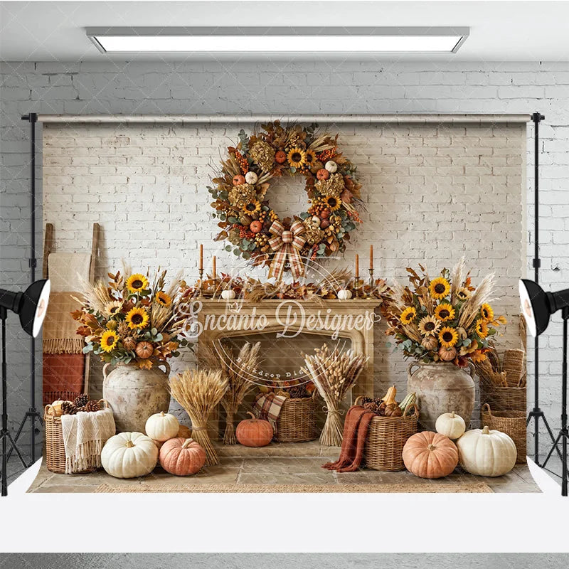 Aperturee - Aperturee Rustic Autumn Fall Harvest Photography Backdrop Sunflowers and Pumpkins Wreath White Brick Fireplace Decor