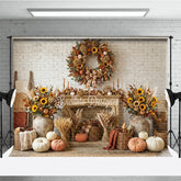 Aperturee - Aperturee Rustic Autumn Fall Harvest Photography Backdrop Sunflowers and Pumpkins Wreath White Brick Fireplace Decor