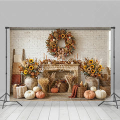 Aperturee - Aperturee Rustic Autumn Fall Harvest Photography Backdrop Sunflowers and Pumpkins Wreath White Brick Fireplace Decor