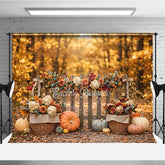 Aperturee - Aperturee Rustic Autumn Fall Harvest Photography Backdrop with Pumpkins Wooden Fence and Floral Garland Decor