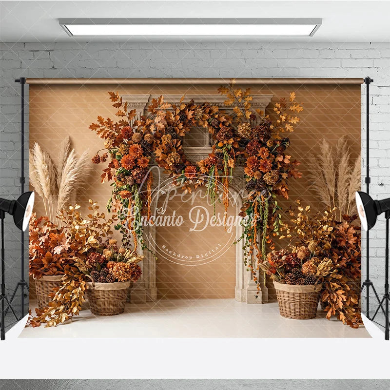 Aperturee - Aperturee Rustic Autumn Fall Photography Backdrop with Fireplace Mantel Golden Leaves and Pampas Grass Decor