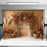 Aperturee - Aperturee Rustic Autumn Fall Photography Backdrop with Fireplace Mantel Golden Leaves and Pampas Grass Decor