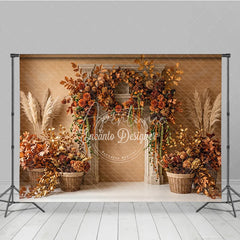 Aperturee - Aperturee Rustic Autumn Fall Photography Backdrop with Fireplace Mantel Golden Leaves and Pampas Grass Decor